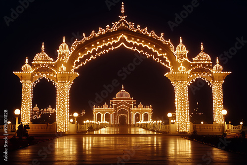 A grand entryway illuminated with thousands of lights, symbolizing the festive atmosphere of an Indian celebration during Diwali.