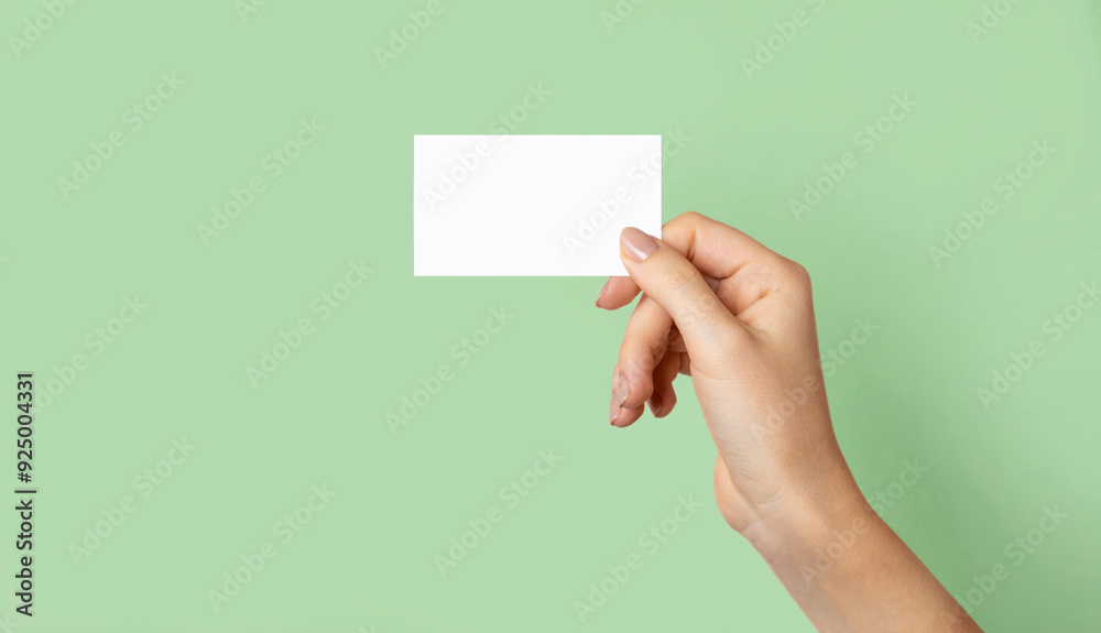 Female hands holds with cutaway, blank menu, discount card, business card on a green beauty background with copy space. Template for design Female hands holds with cutaway, blank menu, discount card, business card on a green beauty background with copy space. Template for design