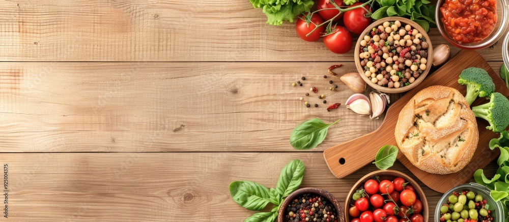 An assortment of vegetarian items displayed on a bright wooden surface seen from above with the possibility of adding text using the copy space image An assortment of vegetarian items displayed on a bright wooden surface seen from above with the possibility of adding text using the copy space image