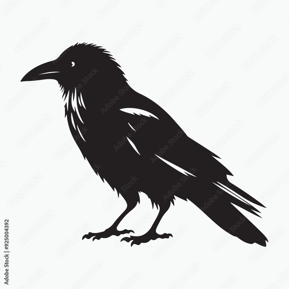A striking vector illustration of a crow perched majestically, its intricate plumage rendered in elegant black and white A striking vector illustration of a crow perched majestically, its intricate plumage rendered in elegant black and white
