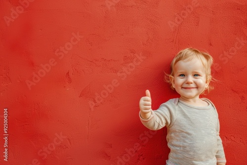 A smiling toddler gives a thumbs-up against a vibrant red wall, symbolizing positivity and happiness in early childhood photo