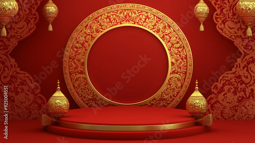 A luxurious red and gold circular stage decorated with ornate designs and hanging lanterns, symbolizing a festive or ceremonial setting.
