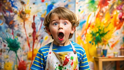 surprised expression of little boy's sneeze amidst messy art project with paint-splattered apron and primary colors in bold contrasting light
