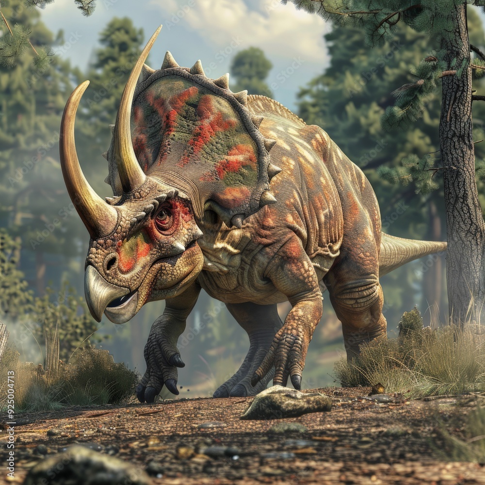 Fototapeta premium A Triceratops Dinosaur in a Forest.