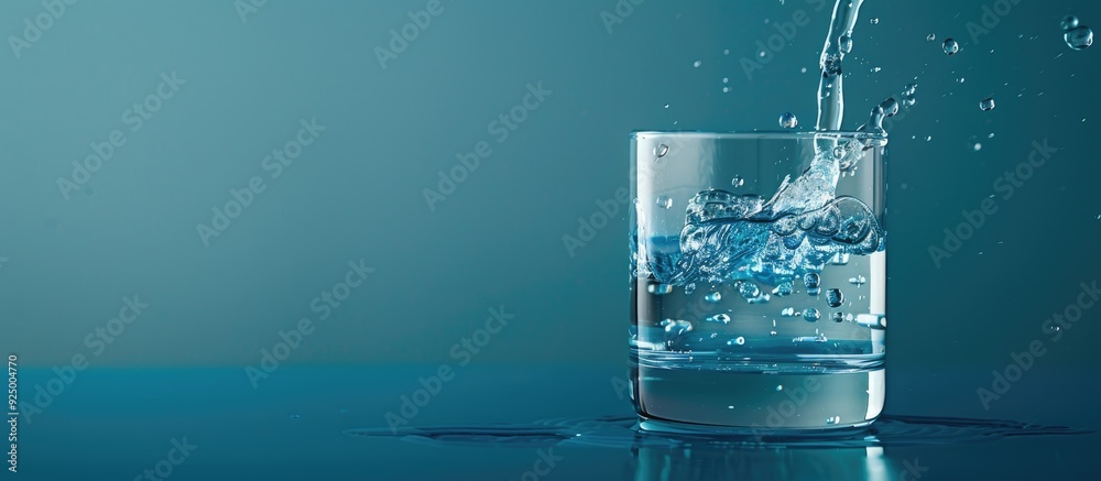 Water being poured into a glass beaker on a blue background with copy space image Water being poured into a glass beaker on a blue background with copy space image
