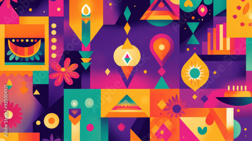 A colorful geometric illustration with candles and lotus flowers, symbolizing the spirit of Diwali and Indian tradition.