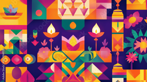 A colorful geometric illustration with candles and lotus flowers, symbolizing the spirit of Diwali and Indian tradition.