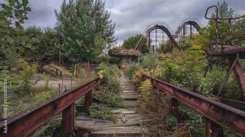 Overgrown Rollercoaster in Abandoned Amusement Park Overgrown Rollercoaster in Abandoned Amusement Park