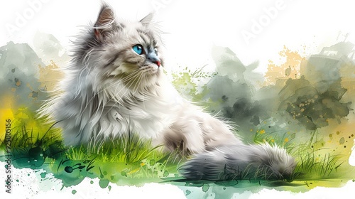 A cute illustration of a fluffy Persian cat with a regal pose and bright blue eyes, sitting calmly, isolated on a clean white background.  photo