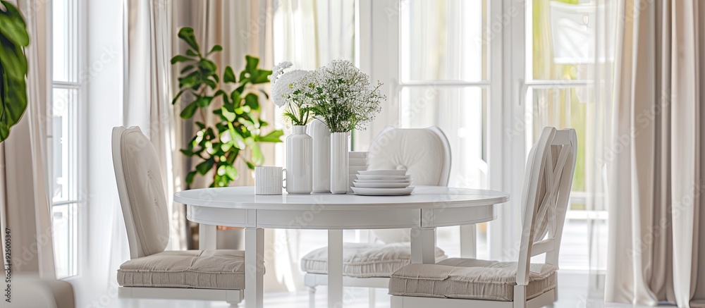 Fototapeta premium Enhance your dining area with an elegant white dining table set featuring a fresh inviting look that complements any decor in a copy space image