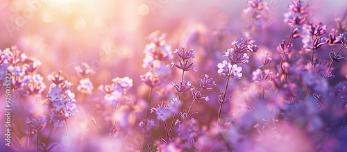 Close up of lilac flowers in a lavender field during summer with sunlight adding a warm glow ideal for a copy space image showcasing nature s beauty and aromatherapy benefits photo