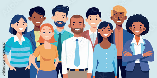 Group portrait of smiling office workers. Multicultural business team, colleagues. Happy men and women stand together
