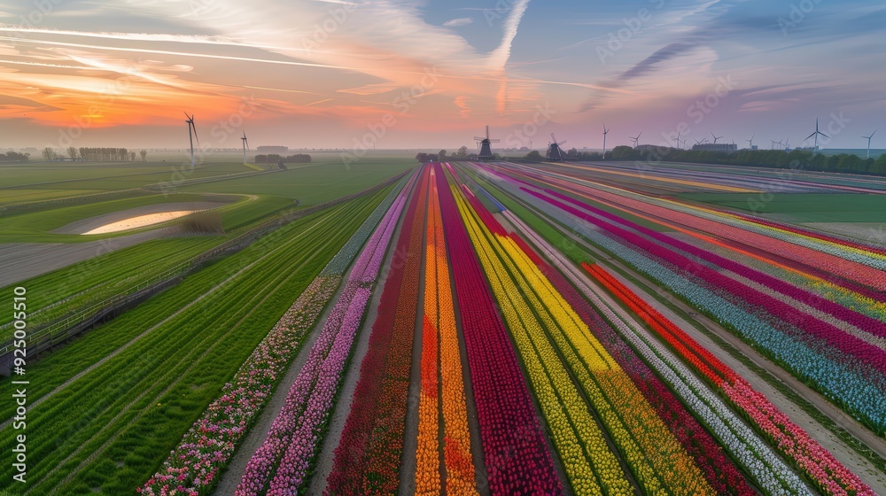 Aerial View of Colorful Tulip Fields at Sunrise in the Netherlands Aerial View of Colorful Tulip Fields at Sunrise in the Netherlands