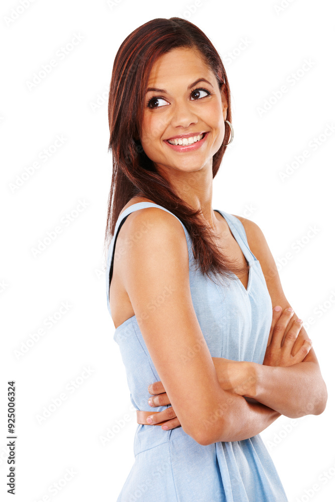 African woman, thinking and crossed arms in studio for confident attitude, fashion or beauty with smile. Female person, happy or style on white background with dress for casual chic, friendly or idea African woman, thinking and crossed arms in studio for confident attitude, fashion or beauty with smile. Female person, happy or style on white background with dress for casual chic, friendly or idea