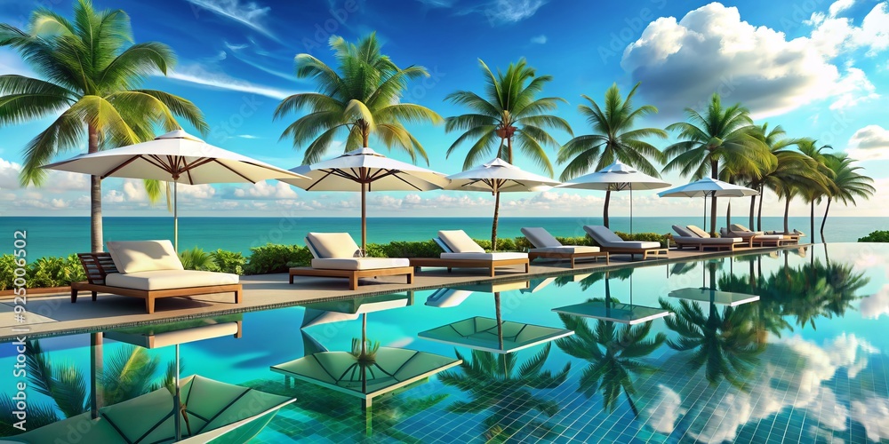 Fototapeta premium Vibrant afternoon scene of a modern poolside lounge, adorned with sleek furniture, umbrellas, and palm trees, reflecting off the turquoise waters and cerulean sky.