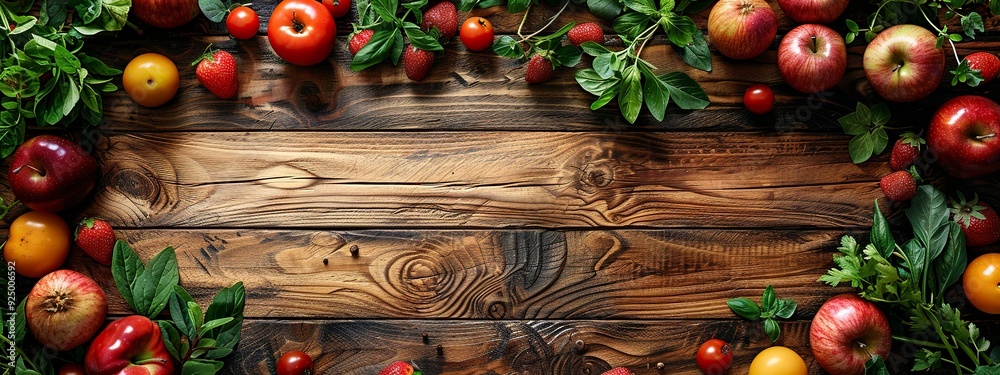 Vegetables and fruits on lower right side, flat lay on a wooden table, minimalist ,generative ai Vegetables and fruits on lower right side, flat lay on a wooden table, minimalist ,generative ai