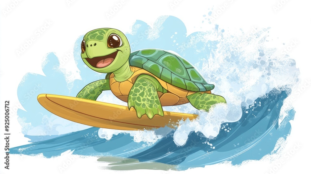 Obraz premium A cartoon turtle with a surfboard, riding a wave with a big smile, enjoying a day at the beach and embracing the surf culture.