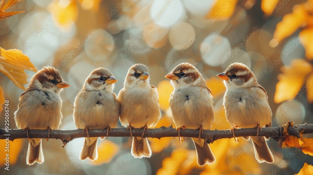 Fototapeta premium Charming Group of Sparrows Perched on a Branch Amidst Golden Autumn Leaves, Capturing Nature's Warmth.