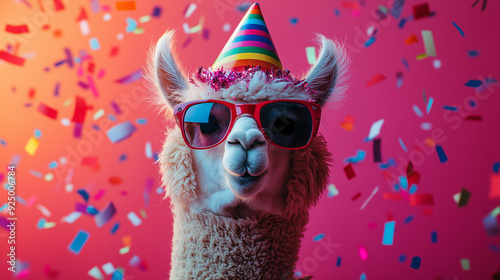 Festive Llama in Sunglasses and Party Hat