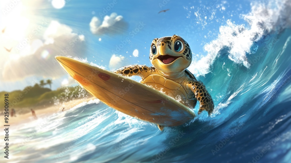 Turtle Riding Wave A cartoon turtle with a surfboard, riding a wave with a big smile ...