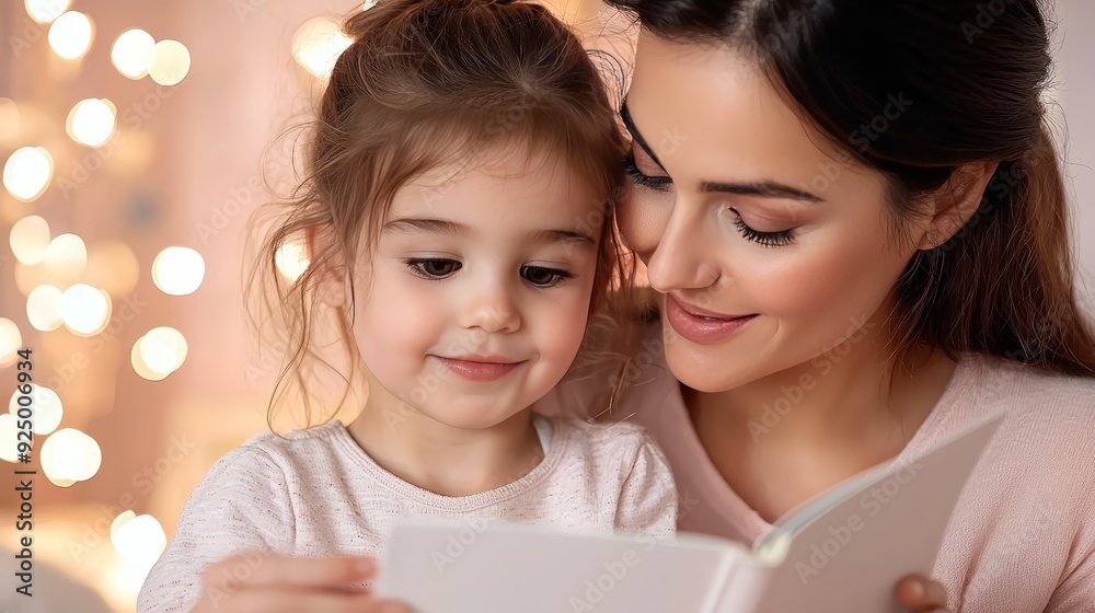A warm moment between a mother and daughter reading together, surrounded by a cozy atmosphere filled with lights. A warm moment between a mother and daughter reading together, surrounded by a cozy atmosphere filled with lights.