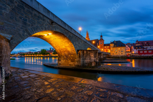 Panoramic view of Regensburg's old town on the Danube in Germany.