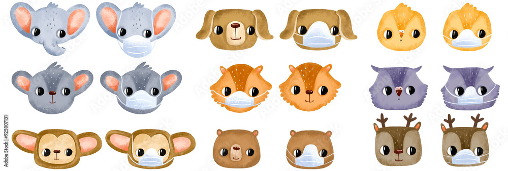 Lively cartoon animals in medical masks and without masks. Illustration for a children's clinic. Coronavirus virus, diseases and protection. Illustration drawn on an isolated background Lively cartoon animals in medical masks and without masks. Illustration for a children's clinic. Coronavirus virus, diseases and protection. Illustration drawn on an isolated background