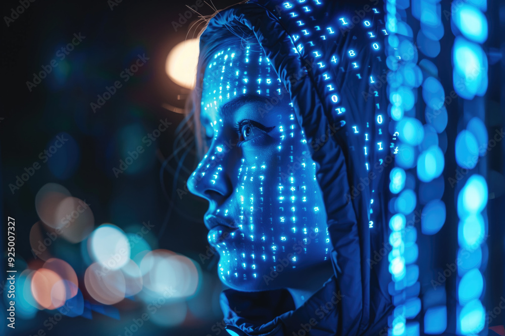 Portrait of female hacker with LED lights and digital code overlay on her face in a dark urban background. Concepts of technology, digital identity, and futuristic aesthetics. Portrait of female hacker with LED lights and digital code overlay on her face in a dark urban background. Concepts of technology, digital identity, and futuristic aesthetics.