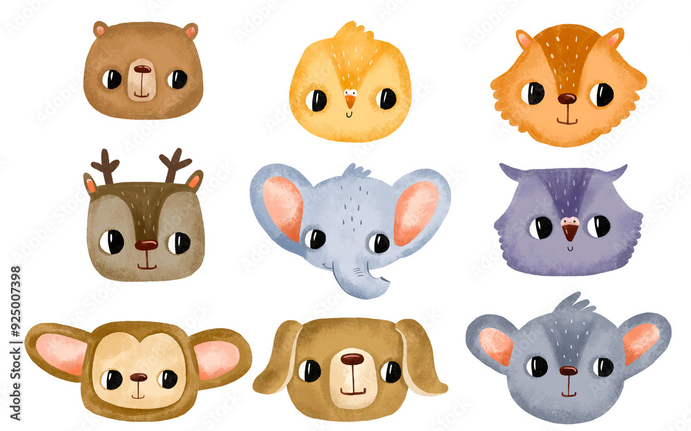 Fototapeta premium Wild animal portraits in cartoon style. Illustration drawn on isolated background