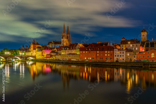 Panoramic view of Regensburg's old town on the Danube in Germany.