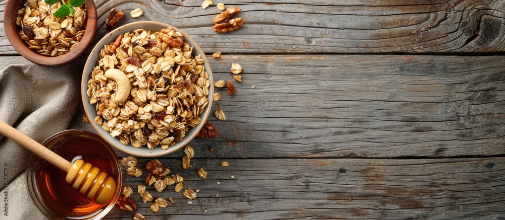 Banner design featuring homemade granola with nuts honey and dried fruits displayed on a wooden table offering ample copy space image Banner design featuring homemade granola with nuts honey and dried fruits displayed on a wooden table offering ample copy space image