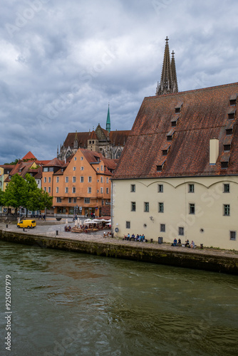 Panoramic view of Regensburg's old town on the Danube in Germany.