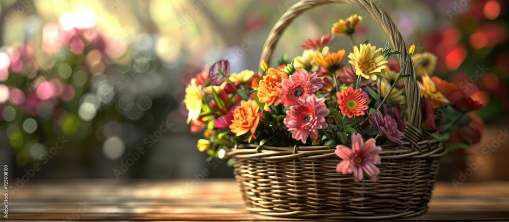 Close up image of a wicker basket filled with lovely flowers on a table with available copy space for text Close up image of a wicker basket filled with lovely flowers on a table with available copy space for text