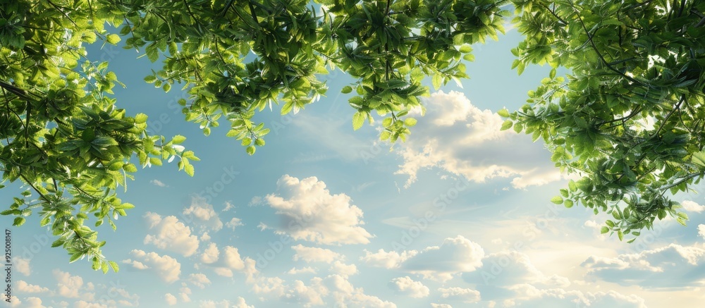 Copy space image of green tree branches set against a sky with fluffy white clouds creating a serene design backdrop with a hint of color Copy space image of green tree branches set against a sky with fluffy white clouds creating a serene design backdrop with a hint of color