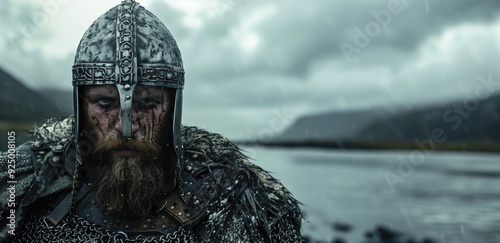 Intense Scandinavian Viking with battle-worn face and chainmail armor standing near a misty lake. Concepts of historical warfare, courage, and rugged landscapes.