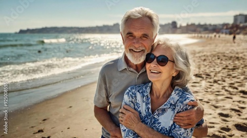 Beautiful happy senior couple dating at the seaside during summertime - Mature married couple in love bonding outdoors at the beach, concepts about elderly lifestyle, relationship and quality of life