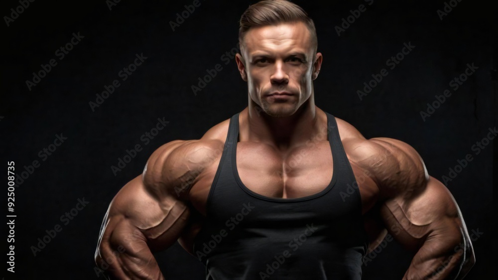 Bodybuilder posing on black background. Beautiful sporty guy male power. Fitness muscled man standing at the studio Bodybuilder posing on black background. Beautiful sporty guy male power. Fitness muscled man standing at the studio