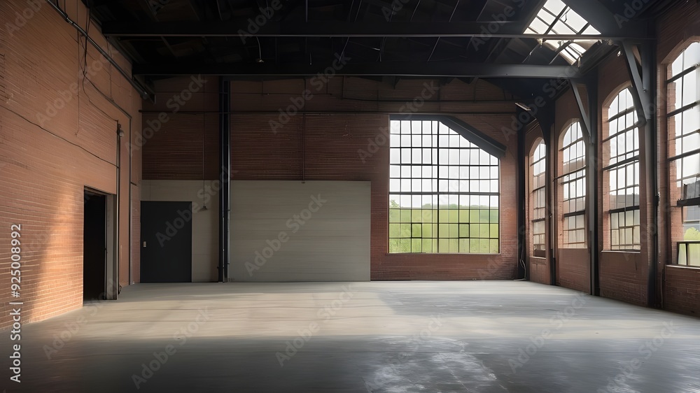 Fototapeta premium Brick walls, concrete floors, and an abandoned, loft-style industrial warehouse with a black steel roof structure