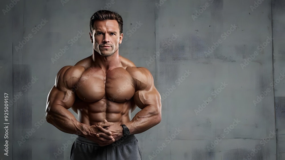 Fototapeta premium Bodybuilder posing on black background. Beautiful sporty guy male power. Fitness muscled man standing at the studio