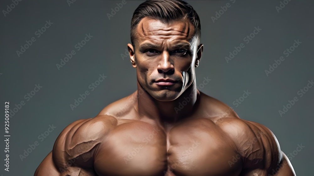 Obraz premium Bodybuilder posing on black background. Beautiful sporty guy male power. Fitness muscled man standing at the studio