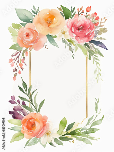A blank wedding invitation adorned with a watercolor floral frame