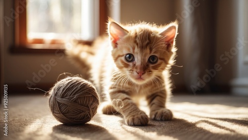 Wallpaper Mural Playful kitten chasing a ball of yarn in a cozy living room, sunlight streaming through windows. Torontodigital.ca