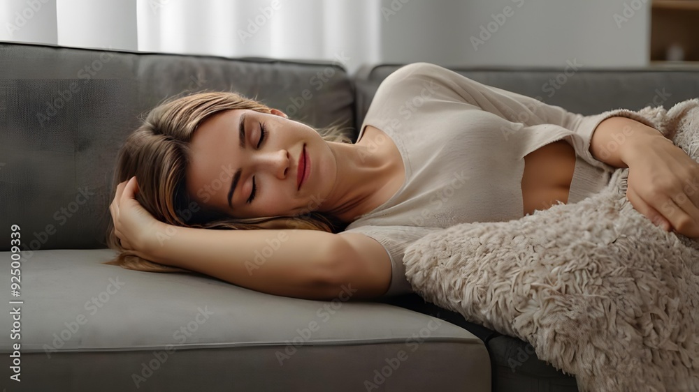 Pretty single woman lying sprawled out on sofa in a relaxed position, reduces fatigue, fall asleep after sleepless night, taking time to unwind and recharge, looks tranquil and satisfied at home. Rest Pretty single woman lying sprawled out on sofa in a relaxed position, reduces fatigue, fall asleep after sleepless night, taking time to unwind and recharge, looks tranquil and satisfied at home. Rest
