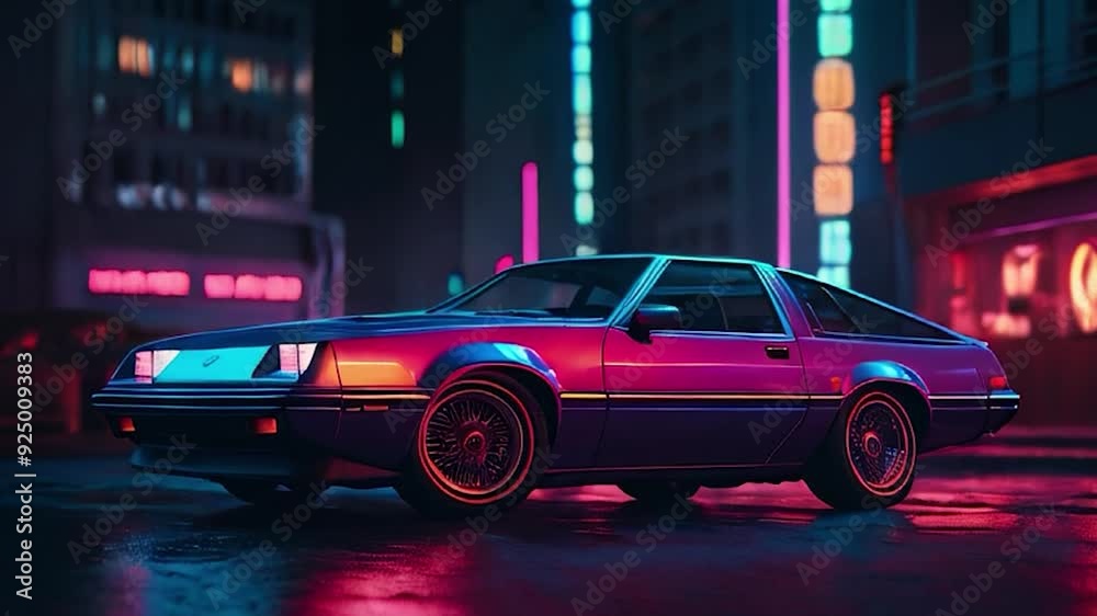 Retro 80s Sports Car with Neon Lights in a City Night Scene Retro 80s Sports Car with Neon Lights in a City Night Scene