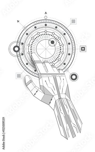 Robot hand. Mechanical Engineering background .Technical drawing of gears .Vector illustration.