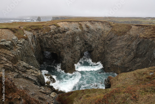 Sea caves and arches at Dungeon Provincial Park near Bonavista, Newfoundland, Canada photo