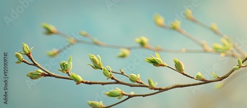 Nature s awakening seen in early spring as the first buds appear on tree branches against a blue sky backdrop with fresh green foliage emerging symbolizing the onset of warming weather and springtime