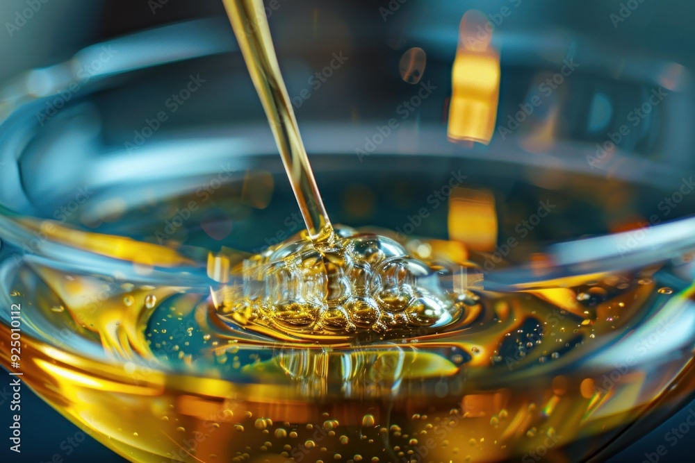 Thick golden liquid pouring and splashing into a glass bowl, creating bubbles Thick golden liquid pouring and splashing into a glass bowl, creating bubbles
