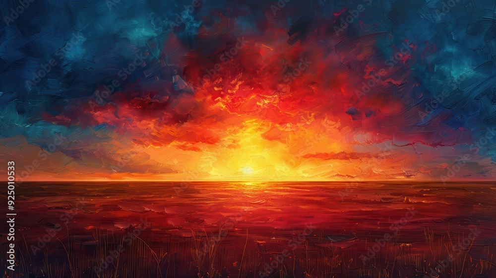 Fiery Sunset Over a Reddish Sea with Dark Blue Sky and Grass in the Foreground Fiery Sunset Over a Reddish Sea with Dark Blue Sky and Grass in the Foreground