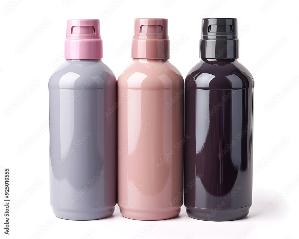Three colorful plastic bottles in pastel shades stand in a row against a white background, featuring pink, gray, and purple hues. Three colorful plastic bottles in pastel shades stand in a row against a white background, featuring pink, gray, and purple hues.
